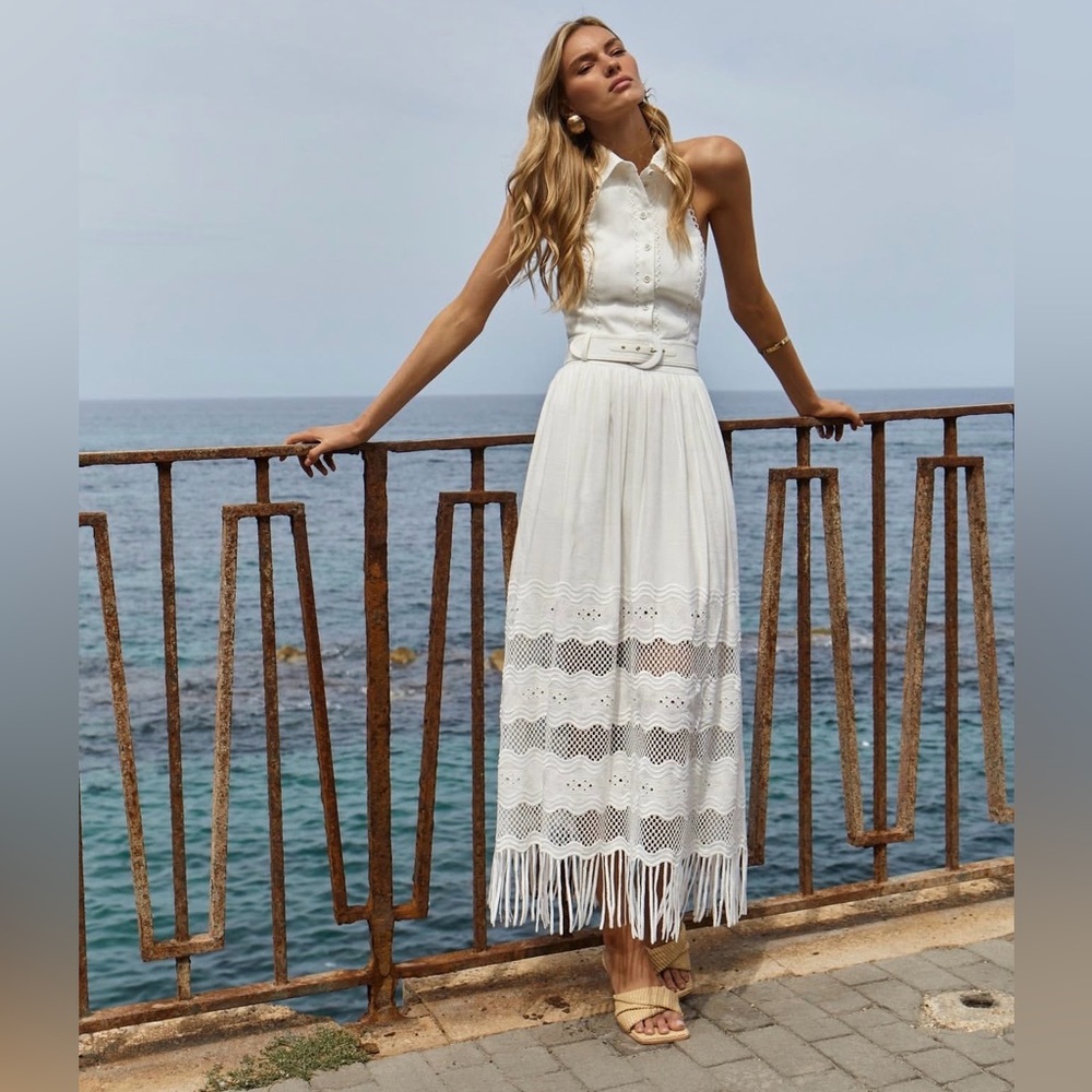 NWT Rebecca Vallance Giovanni Halter Fringe Midi Dress Ivory Size US 0